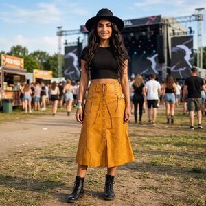 Vintage 70's COACHELLA Leather Maxi Skirt Hippie Boho Western Concho Lace Up